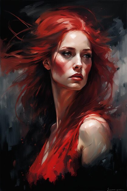 muscular tall caucasian adult woman with long red hair wearing a red dres in dark esoteric atmospher