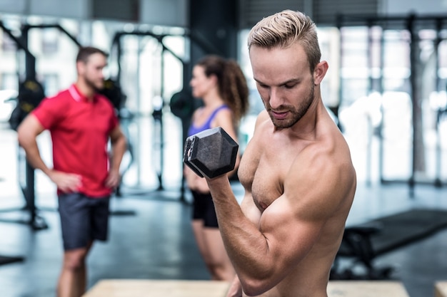 Muscular trainer lifting a dumbbell 