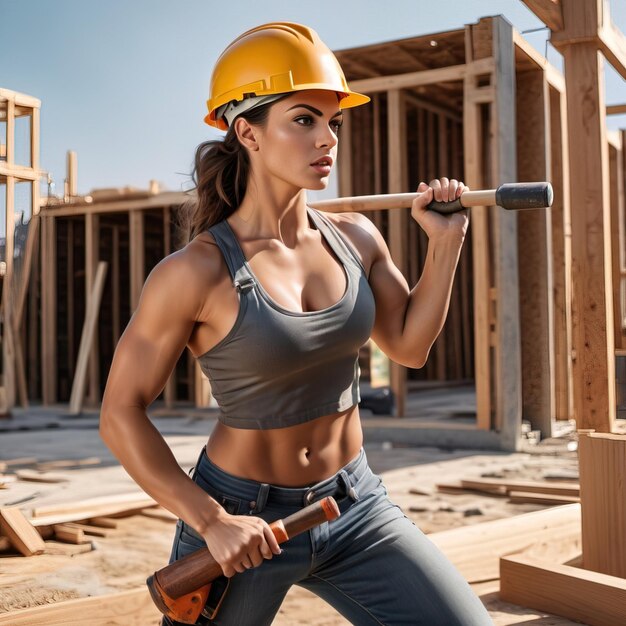 写真 筋肉の強い女性 建設労働者