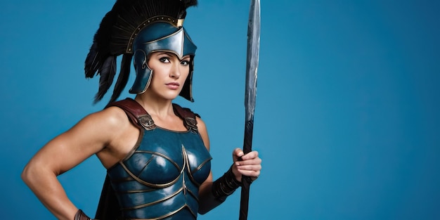 a muscular woman spartan warrior on a blue background