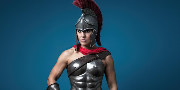 Photo a muscular woman spartan warrior on a blue background