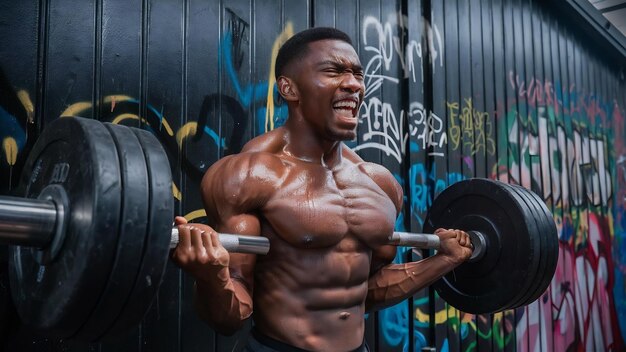 Muscular young man lifting weights on black wall