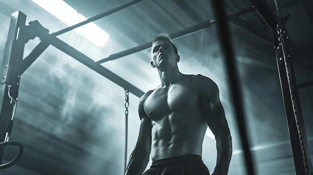 A muscular young man stands in a dark gym his shirt off showing off his toned chest and abs