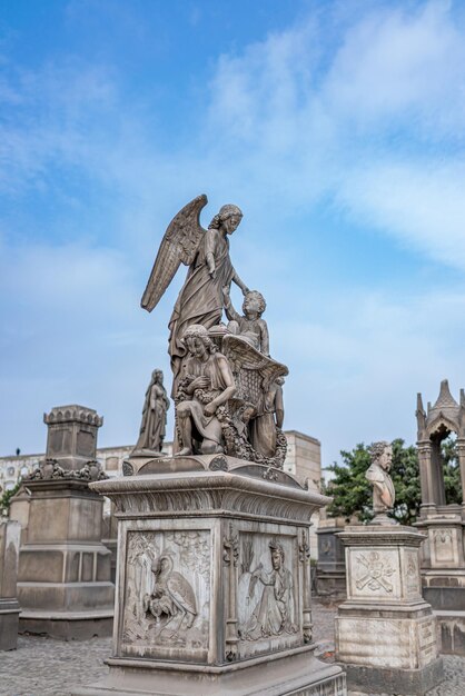 사진 cementerio museo presbitero maestro는 소년과 소녀와 함께 천사의 예술적 조각품입니다.
