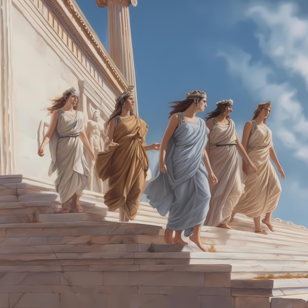 Photo muses unveiled realistic group of greek women inspire on the athenian acropolis