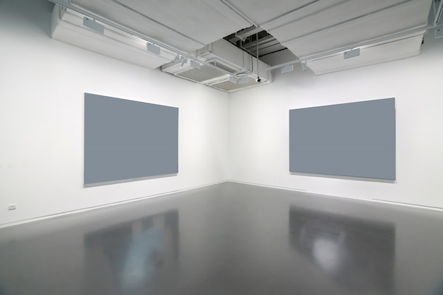 Museum of modern art.Empty Gallery interior space, white walls and grey floors