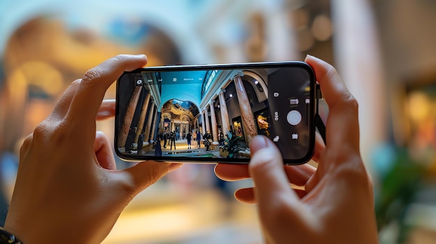 Photo museum visitor taking a photo of an ancient sculpture with a smartphone