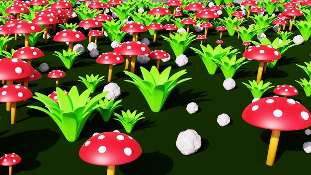 Mushroom 3d illustration render with plants and stone