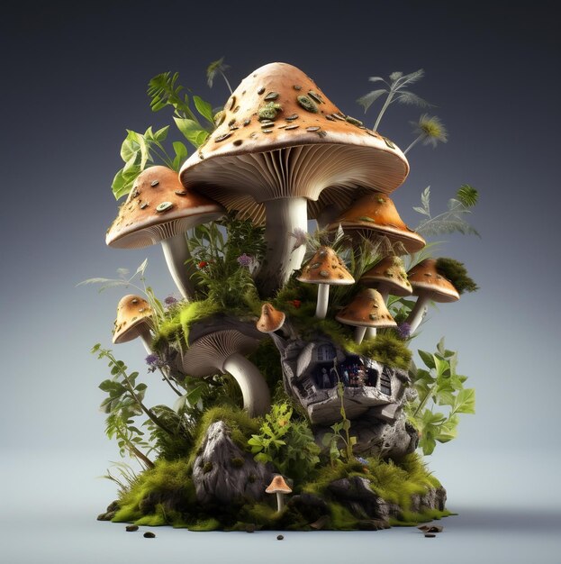 Foto ornamento di rendering 3d a funghi