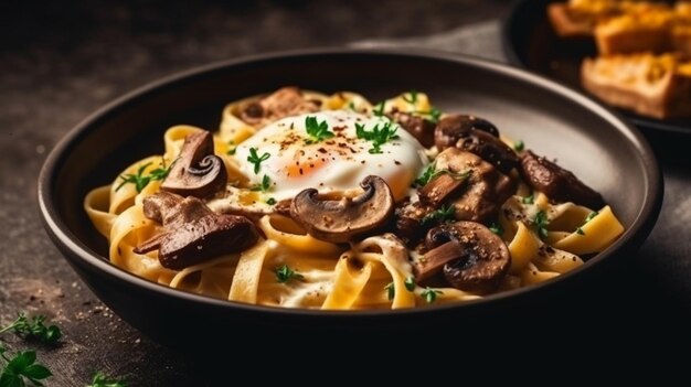 Mushroom beef stroganoff with egg pasta and copy space