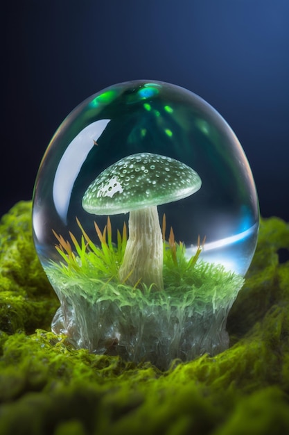 A mushroom in a bubble with a blue background