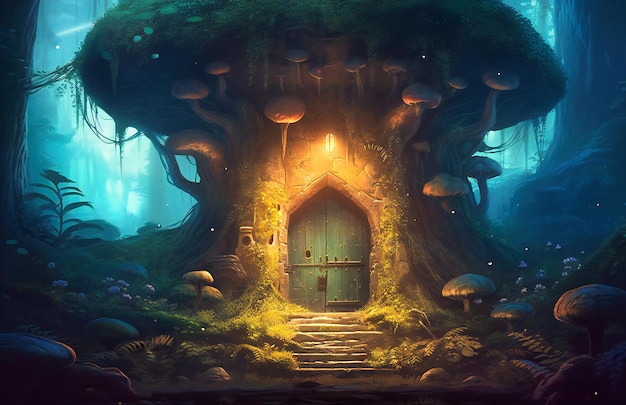 森の真ん中にあるキノコの城と光る扉