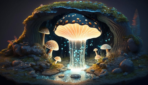 A mushroom in a cave with a glowing light on it