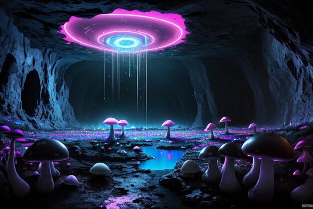 A mushroom cave with a mushroom shaped object above it