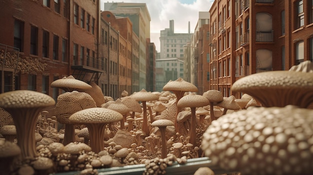 Mushroom Cityscape Гиперреалистичный VFX-рендеринг леса, полностью состоящего из грибов