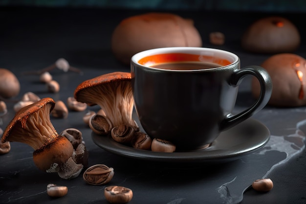 Mushroom coffee healthy warm drink generative AI illustration