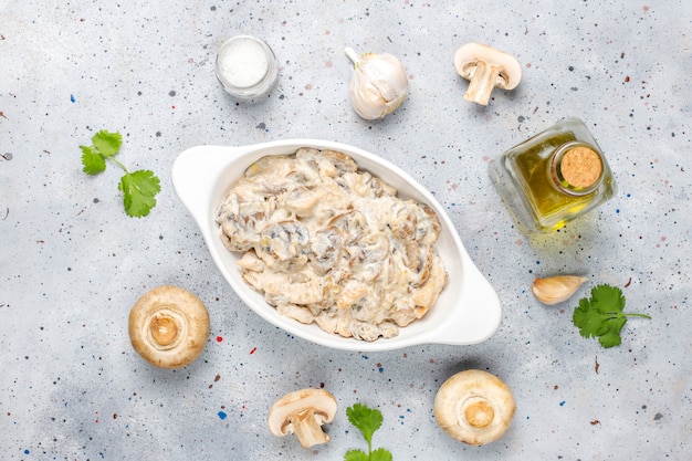 Mushroom cream sauce.Healthy delicious food,top view.