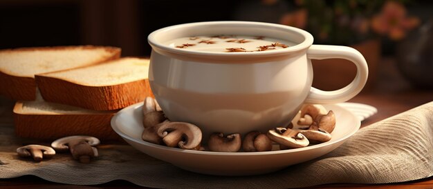 Mushroom cream soup on cup bowl served with bread dark background AI generated