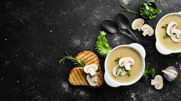 Mushroom cream soup Soup in a bowl Top view Free space for your text