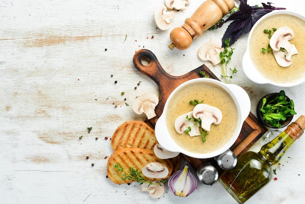 Mushroom cream soup Soup in a bowl Top view Free space for your text