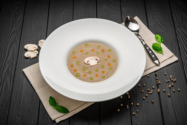 Mushroom cream soup Soup in a bowl Top view