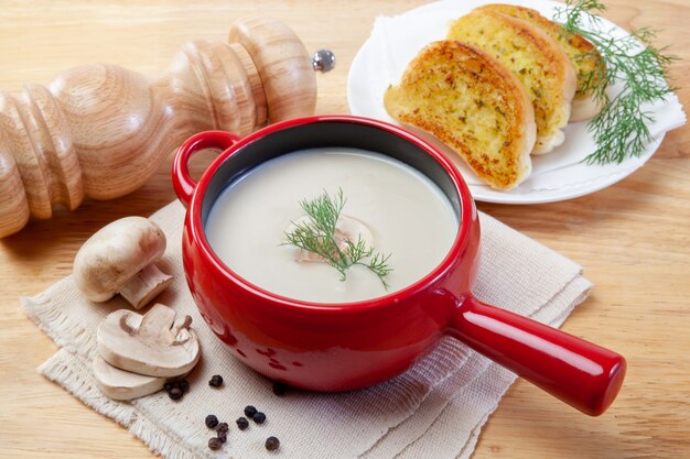 Mushroom cream soup on a table, food