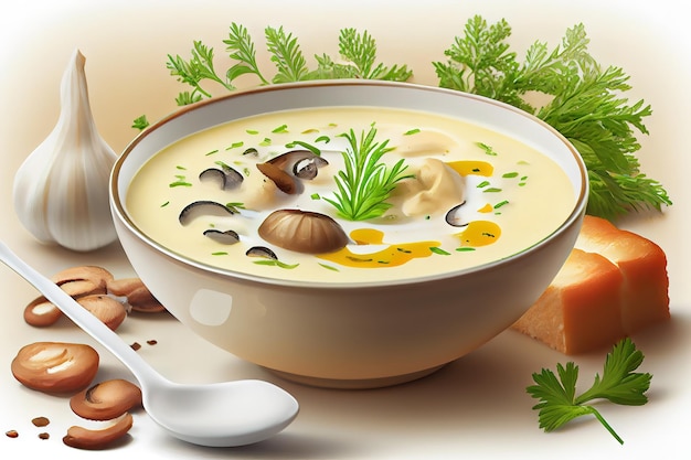 Mushroom cream soup with cream and conjut In a blue plate On a black stone background Generative Ai