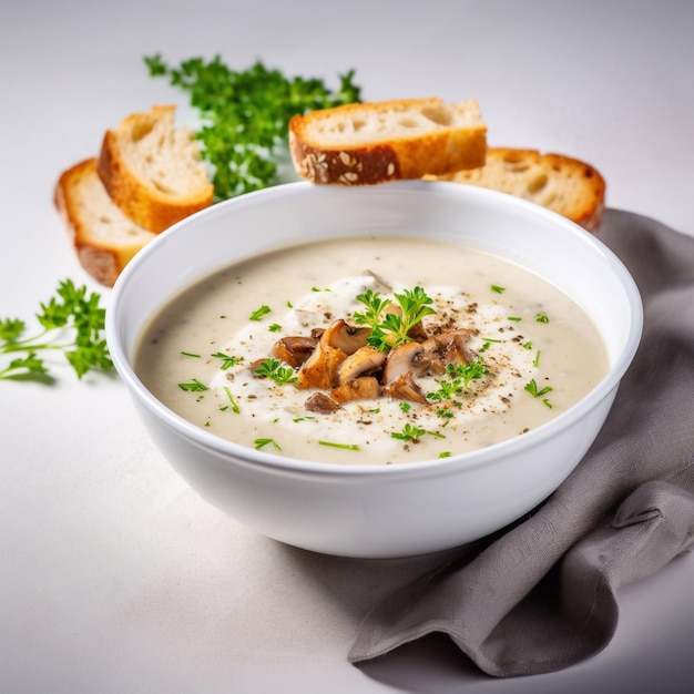 Mushroom cream soup with cream croutons and herbs