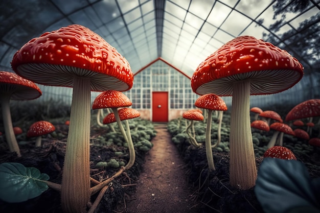 Mushroom cultivation gardening science mycology concept Row of organic poisonous red mushrooms toxic fly agaric in greenhouse on farm Generative ai