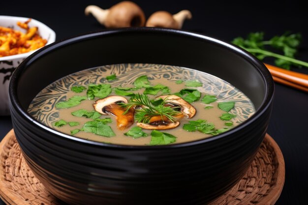 Mushroom detox soup served in a black bowl