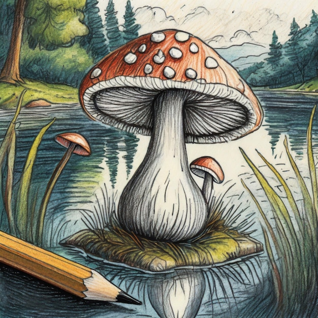 Mushroom Drawing with pencils