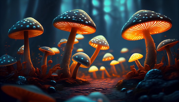 Mushroom Fantasy Glowing Mushrooms in mystery dark forest closeup Beautiful macro shot of magic mushroom