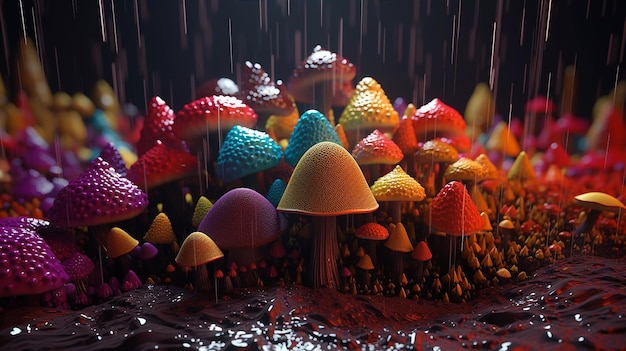 A mushroom field in the rain with a rainbow on the top.