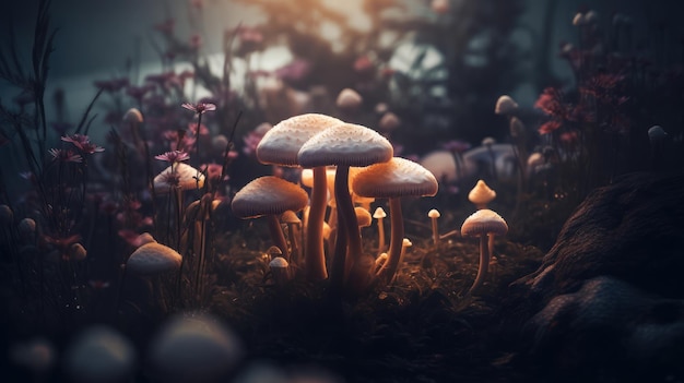 A mushroom field with a light on it