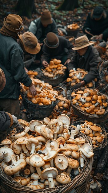 Foto raccoglitori di funghi che vendono funghi selvatici in un mercato forestale mercato tradizionale e culturale foto