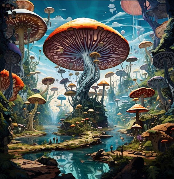 Foto funghi nella foresta vista ravvicinata di funghi magici con colori luminosi sullo sfondo bello