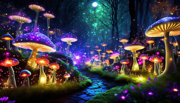 Foto foresta di funghi che brillano di notte