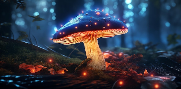 A mushroom in the forest with a glowing light on it