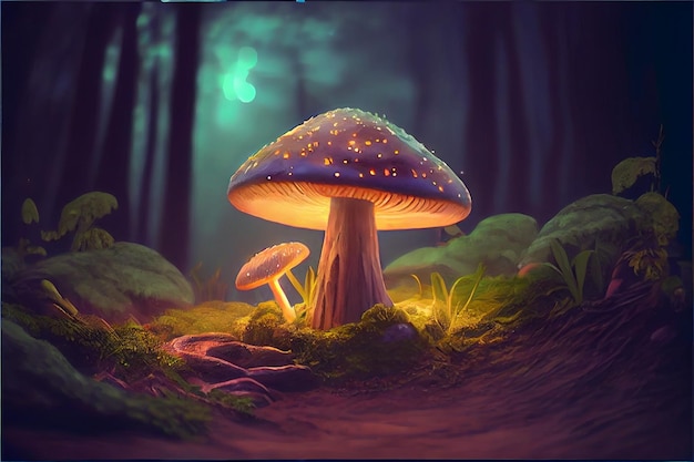 A mushroom in the forest with a glowing light