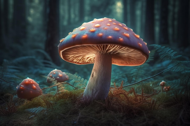 A mushroom in the forest with a glowing light