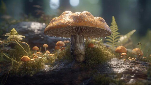 A mushroom in the forest with a green background