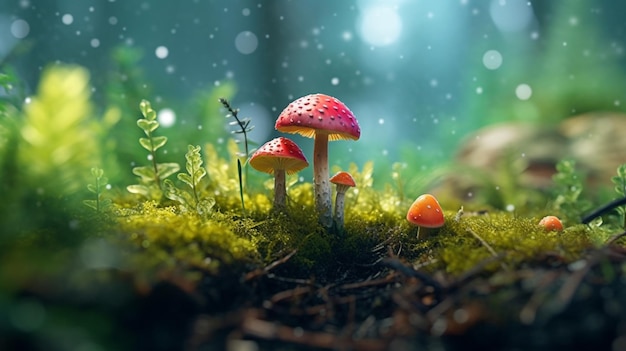 A mushroom in the forest with a green background
