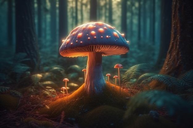 불이 켜진 숲속의 버섯