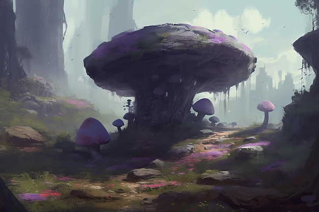 A mushroom in the forest with a purple mushroom on the bottom.