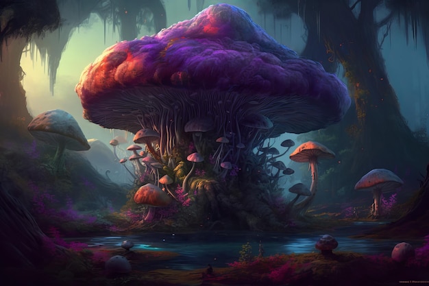보라색 버섯이 있는 숲의 버섯.