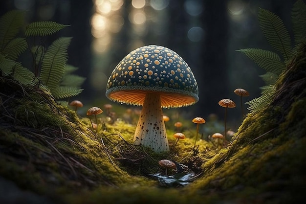 A mushroom in the forest with the sun shining on it.