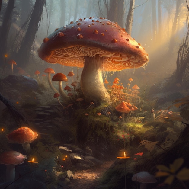 A mushroom in the forest with the sun shining on it.