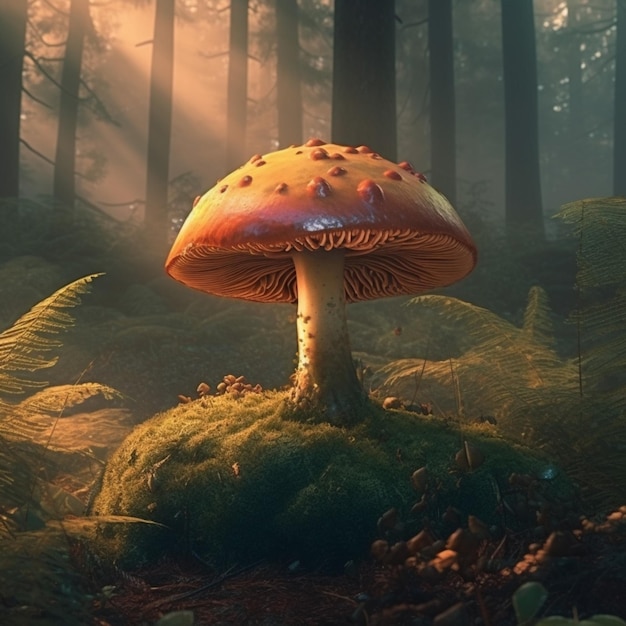 A mushroom in the forest with the sun shining through the trees