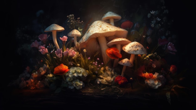 A mushroom garden in a dark room