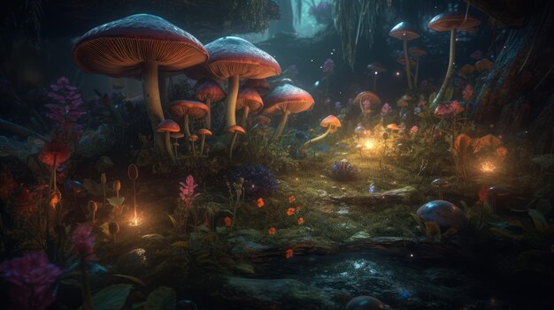 A mushroom garden with a light on it